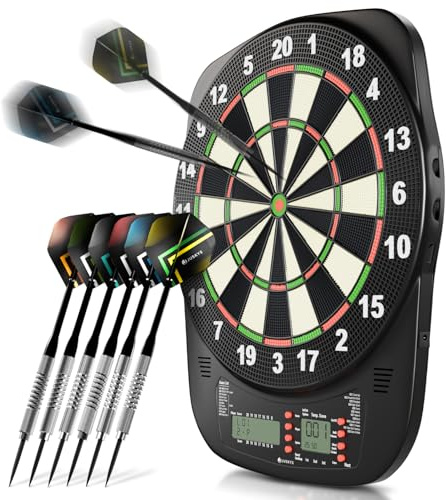 Juskys Diana electrónica con 32 juegos y 359 variantes, pantalla LCD, USB-C, flechas y accesorios, para hasta 8 jugadores, funciona con red y batería