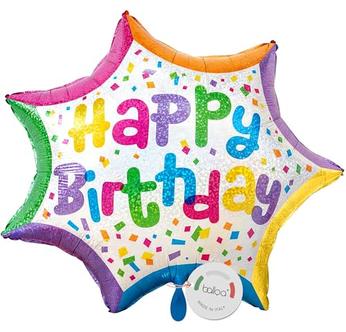 balloa Sternballon Happy Birthday Konfetti, XXL Folienballon, 69 cm | Buntes Konfetti-Design, Sternform, XXL, heliumgeeignet, ungefüllt, fröhliche Deko für Kindergeburtstag und Party