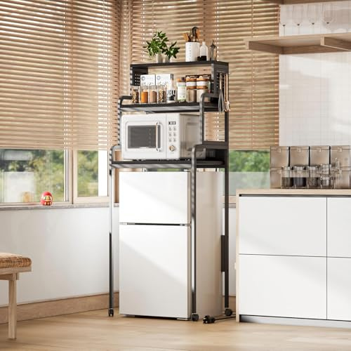 Compact Mini Fridge with 4 Tiers Power Outlet Microwave Shelf Black Wood Grain Kitchen Storage Solution for Small Spaces Pantry and Baker's Rack