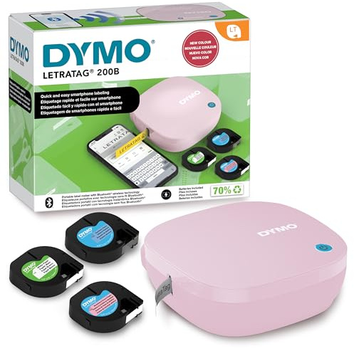 DYMO LetraTag 200B Kit d'étiqueteuse avec Bluetooth en Rose | Imprimante d'étiquettes compacte | Se connecte à iOS/Android à l'aide de Bluetooth sans Fil | Inclut 3 Rubans pour étiquettes