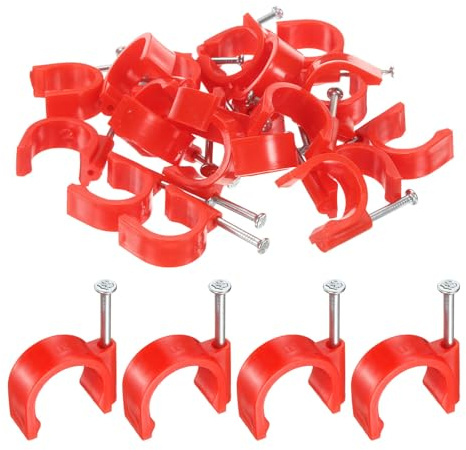 QUARKZMAN 50 Piezas De Grapas Para Cable Con Clavo Grapas Circulares Individuales De 20 Mm Grapas En Forma De J Con Clavo Para Sujetar Cables En La Pared, Rojo