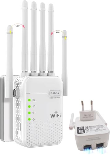 Répéteur WiFi Version Améliorée, Amplificateur WiFi (5+2,4) GHz Double Bande avec 6 Antennes, Couverture 300㎡, 2 Ports Gigabit, Mode AP/Repeater, WPS, Prise EU, pour Maison/Bureau