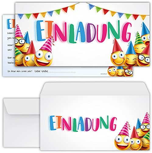 beriluDesign Smiley Einladungskarten mit Umschlägen – 12er Set zum Kindergeburtstag für mit Party Emoji Motiv