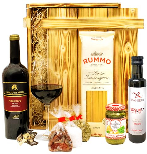 Italienisches Geschenkset „Verona“ | Geschenkkorb gefüllt mit Wein, italienischen Spezialitäten & edler Holzkiste | Präsentkorb für Frauen & Männer zum Geburtstag, Weihnachten