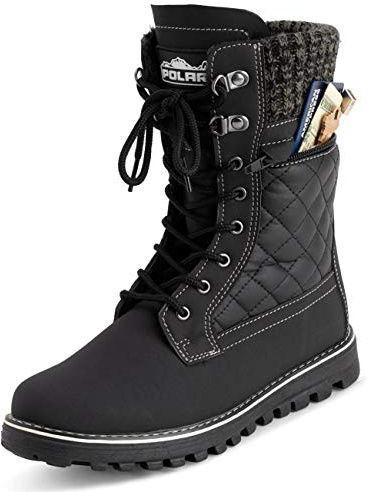 Polar Womens Memory Foam Outside Pocket Inside Zip Thermal Waterproof Deep Tread Rubber Sole Snow Boots - Black Leather - UK8/EU41 - YC0620