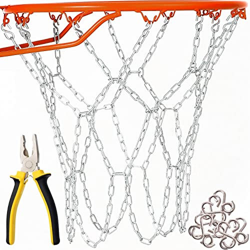 Basketball Net Heavy Duty Metal Chain Replacement with 12 S-Hooks and Set of Pliers to Tighten Hooks | Rustproof Galvanized Iron 21-Inch (53 cm) Net (3.2mm Thick)