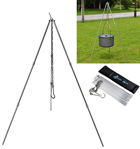 ConBlom Outdoor Cooking Tripod, Foldable Portable Grilling Tripod Set with Chain & Hook, BBQ Picnic Camping Dutch Oven Lantern Hanger with Storage Bag