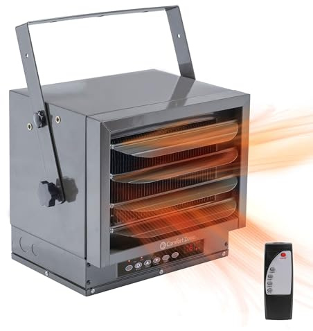 Comfort Zone Electric Hard-Wired Digital Fan-Forced Ceiling Mount Space Heater with Remote, 6,000 Watt, 240 Volt, Overheat Protection, Digital Thermostat, & 12-Hour Timer, Garage or Workshop, CZ225ER