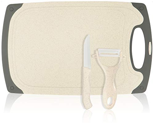 COM-FOUR® 3 pièces Ensemble de avec planche à découper, couteau de cuisine | planche de cuisine robuste en plastique