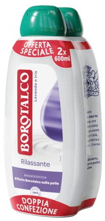 Borotalco Entspannendes Duschbad für Lavendel und Iris, Körperschaum, entspannende Formel, Entspannung, Borotalk-Wirkung auf die Haut, dermatologisch getestet, 2 Flaschen à 600 ml