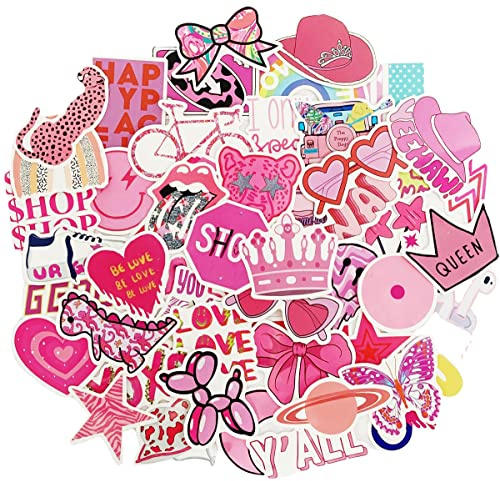 50pcs Pink Preppy Style Stickers Valentines Day Pink Girl Laptop Computer Bedroom Wardrobe Skateboard Phone Luggage Guitar DIY Decal for Students Teens Girl
