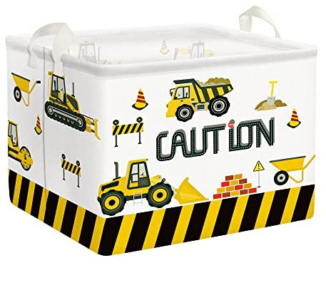 Clastyle Karikatur Baufahrzeug Auto Ball Wäschekorb für Jungen Wasserdicht Spielzeug Kleidung Würfel Aufbewahrungskorb für Kinderzimmer (40*30*30 cm, Gelbes Fahrzeug)