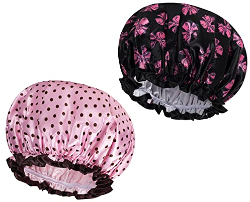 AOOWU 2 Pezzi Cuffia da Doccia Riutilizzabile Impermeabile, Doppio Strato con Elastici, Protezione Capelli per Donna, Bagno, Spa, Salon (Pois-B)