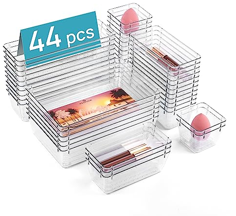 Vtopmart 44 Pack Drawer Organiser, 4-Size Desk Organiser Drawers, Clear Plastic Storage Bins for Makeup, Bedroom, Kitchen Gadgets Utensils and Office