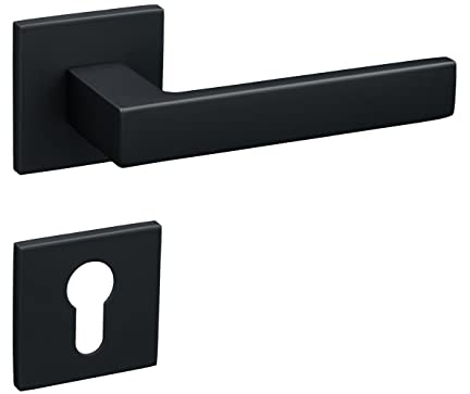 Gavroche Türgriffe Schwarz Matt Set PZ Profilzylinder | Türklinken für Innentüren | Drückergarnitur für Zimmertür mit eckiger Rosettengarnitur aus Aluminium Türbeschlag in L-Form