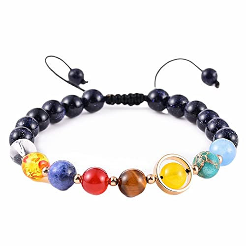 Skcess Armbänder Damen Edelstahl Bernstein, Steinarmbänder Männer Bunt Acht Planeten Achat Naturstein Verstellbar Armband Herren Yoga 19CMx8MM