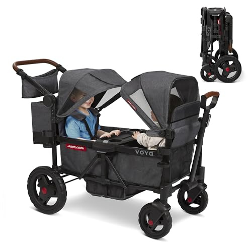 Radio Flyer Voya Stroller Wagon, Cochecito Doble, 2 Asientos Altos Cara a Cara, toldo Ajustable con protección UV, Bandeja para Aperitivos, Gris
