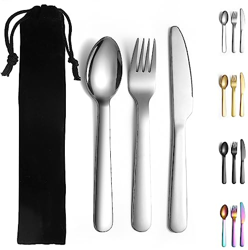 Evanda Portable Cutlery Set, Include Knife Fork Spoon, Stainless Steel Camping Flatware with Black Bag, for Outdoor, Picnic, Camping, Travel, Dishwasher Safe