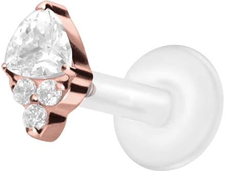 PIERCINGLINE PTFE Labret mit Gewinde + Titan-Aufsatz EINGEFASSTE KRISTALLE Piercing Lippe Nase Ohr Helix Tragus 1,2x5 mm Roségoldfarben