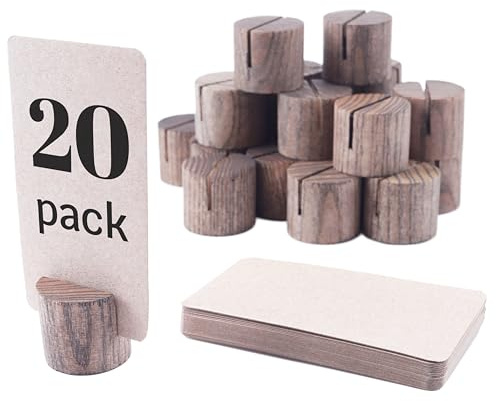 20er-Pack Mini Holz Tischnummern Halter mit 25 Kraftpapier Platzkarten - Platzkartenhalter, Tischkartenhalter für das Abendessen, Namenskartenhalter für Tische, Holz Bild- und Schildhalter (Braun)