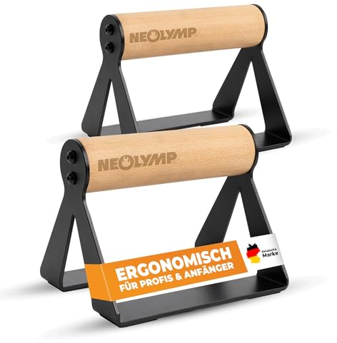 NEOLYMP 2er Set handgelenkschonende Holz Liegestützgriffe mit Calisthenics-Übungen - handgefertigten Parallettes, Push up Bar, Handstand Griffe, Dip Barren, Calisthenics-Equipment für Handstand