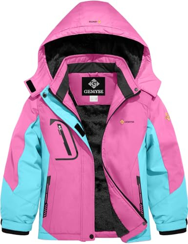 GEMYSE Chaqueta de Esquí para Niña Impermeable Abrigo de Invierno con Capucha Antiviento para Nieve Montaña con Forro Polar(Rosa Brillante Con Azul Joya,140-146)
