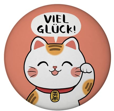 Winkekatze Magnet rund mit Spruch Viel Glück Glückskatze Glücksbringer Viel Glück Gesundheit und Erfolg für Prüfungen und Schule - Perfekt für jeden Anlass