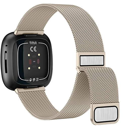 Amzpas Armband für Fitbit Versa 3 Armband Damen Herren,Edelstahl Metall Mesh Ersatzarmband Magnetschloss Uhrenarmband für Fitbit Versa 4 Armband/Fitbit Sense Armband/Fitbit Sense 2 (Champagner)