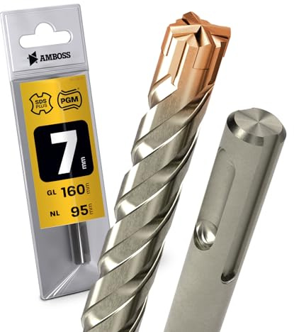 SDS Plus - Broca para martillo perforador, 4 unidades, PGM, diámetro 7,0 mm x 95 mm, AMBOSS SDS Crusher 4 - Broca HM para hormigón, carburo duro, broca profesional, 7,0 mm x 95 mm, broca para piedra