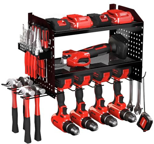 Veitorld Metall Werkzeughalter Wand mit Ladestation, Werkzeug Wandhalterung, Werkstatt Werkzeugregal für Akkuschrauber Schraubendreher Bohrmaschine Bohrer Akku, Geschenke für Männer Papa Weihnachten