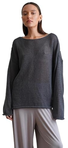 Dam överdimensionerad långärmad tunn stickad tröja i nät toppar sommar lös ihålig ut tröja jumper tröja strand, Mörkgrå, L