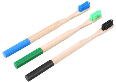 Bambuszahnbürste mit Rundgriff, 3 Stück-pack, Weiche Borsten | Natürlicher Bambusgriff, Ergonomische Form, für Kinder und Erwachsene, Familienpackung Zufällige Farbe