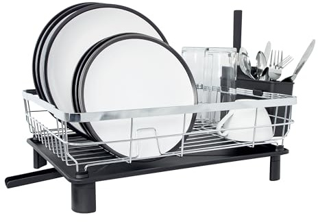 Blackmoor Dish Drainer Rack/Detachable Cutlery Holder and Removable Draining Board Drip Tray/Durable and Space Saving for Kitchen Counter/Black or Chrome Design / 49 x 19.5 x 32.5 cm (Chrome)
