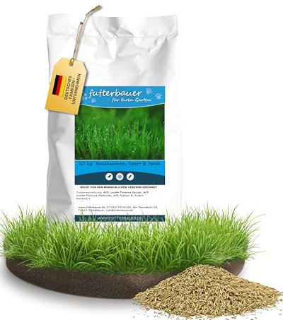 Futterbauer Rasensamen Sport & Spiel 10 kg, Robuster & dichter Rasen für Garten & Spielrasen, Schnelle Keimung, trittfest & pflegeleicht