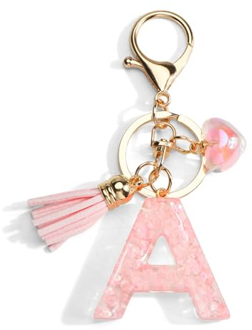 Gallkeat Schlüsselanhänger mit Buchstabe, Initialen Schlüsselanhänger mit Herz Anhänger, Rosa Quaste, Geschenke für Damen, Tasche Handtasche Reisedekoration (A)