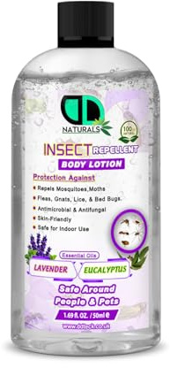 Insect Repellent Body Lotion – Lavender & Eucalyptus Essential Oils – Antimicrobial & Antifungal – Mosquito, Flea & Bed Bug Protection – Safe for People & Pets (50ml Cap)