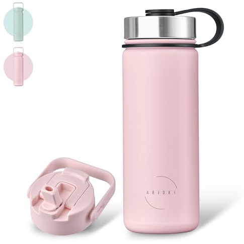 Abjoki Edelstahl Trinkflasche 530ml „Neo“ - auslaufsicher, BPA-frei, LFGB-Zertifiziert - mit 2 Deckel - Thermosflasche mit Strohhalm für Sport & Outdoor - Baby Pink