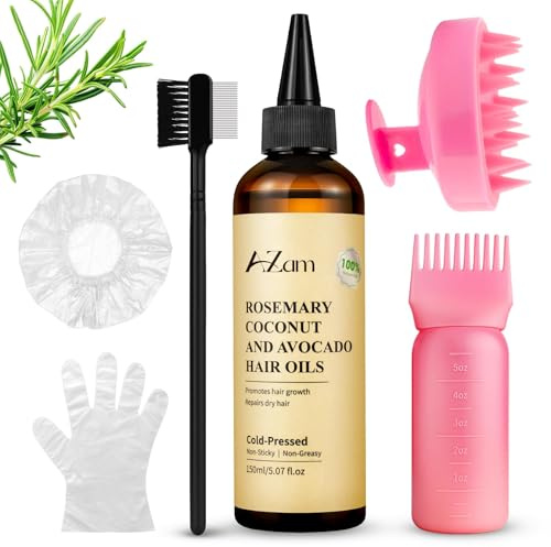 AZam Hair Oil Kit – 150ml Avocado, Coconut & Rosemary Blend for Hair Growth & Scalp Care – Includes Applicator Bottle, Gloves, Caps, Comb & Eyebrow Brush
