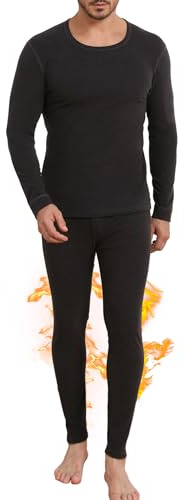 Thermal Underwear for Men Wool Long Johns Fleece Lined, Lightweight Warm Gear Set for Autumn Winter Cold Weather Top Bottom, Base Layer Thermal Long Sleeve Shirt Underpants for Running - Black M
