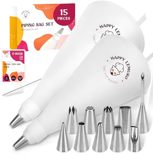 Cake Decorating Kit – Reusable 16 & 14 Cotton Piping Bags with 10 Large Stainless Steel Icing Tips – Durable, Food-Grade & Dishwasher Safe