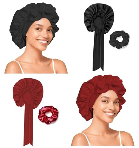 2er Set Seidenhaube zum Schlafen mit 2 Haargummis - Verstellbare Satin Haarhaube mit Elastikbund - Schlafhaube Seide Weicher Haarschutz Nachts für Locken & Lange Haare, Duschhauben