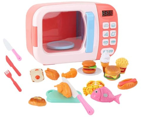 rongweiwang Cuisine Miniature pour Filles, Mini-Cuisine, pour Micro-Ondes interactif, Accessoires de Cuisine, Faux Aliments pour bébé, Jeu d'imitation. , Rose , 31 pièces