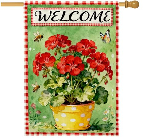 Bandera de geranio, diseño floral de abeja, mariposa, primavera, verde, arpillera de doble cara, exterior, bandera de jardín grande para patio al aire libre, entrada, campamento, 28 x 40 pulgadas