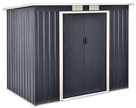 [en.casa] Casetta da Giardino 213x130x173 cm Box Organizzatore Deposito Stoccaggio in Lamiera Zincata con Cornice di Base in Metallo e Porte Scorrevoli - Grigio Scuro