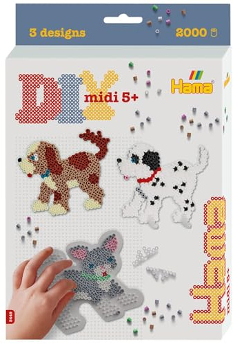 Hama Perlen 3449 Kleines Geschenk-Set Hund und Katze mit ca. 2.000 bunten Midi Bügelperlen Durchmesser 5 mm, Stiftplatte, inkl. Bügelpapier, kreativer Bastelspaß für Kinder Jugendliche, Mehrfarbig