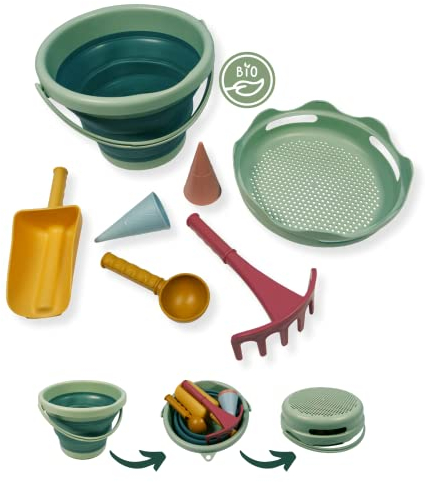 Schildkröt® 7in1 Sand Toys Set in Bio-Qualität: Innovatives Sand-Spielset mit 6 Werkzeugen aus Zuckerrohr zum Graben, Formen, Sieben und Rechen, Faltbarer 3 Liter Eimer
