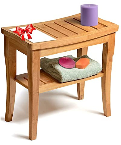 JIAHESHYP Waterproof Bamboo Shower Stool Bench with Storage Shelf, Shower Bench Chair, Bath Stool, Spa Sauna Seat, for Bathroom, Living Room, Bedroom, Garden
