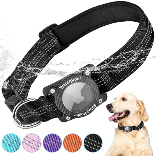 AgoumLux Airtag Hundehalsband mit Airtag Hülle Wasserdicht, GPS Tracker für Hunde Kompatibel mit Apple Air Tag Halsband für Kleine, Mittlere und Große Hunde, Schwarz, M