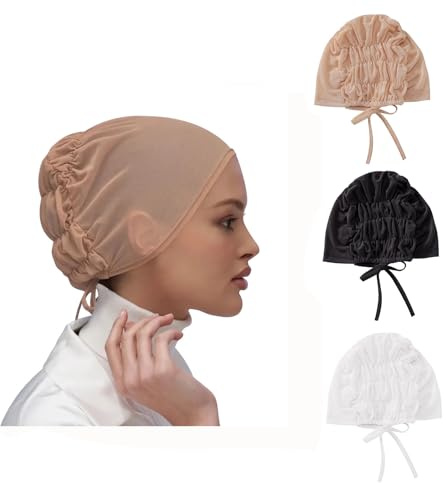 3 Pcs Muslim Inner Hijab Caps for Women, Solid Color Breathable Tulle Inner Hats Underscarf Under Hijab Caps Stretchy Cool Mesh Full Cover Undercap Tube Bonnet Under Scarf Hats