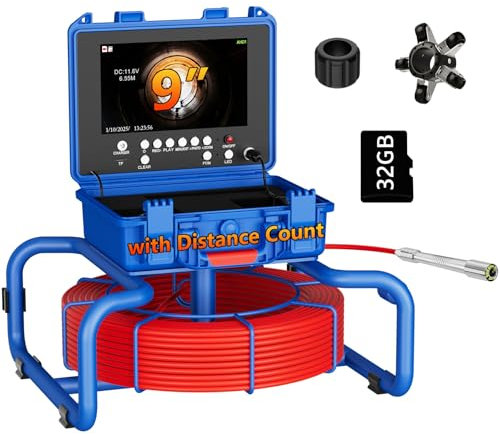 Telecamera Ispezione tubi 50 metri con DVR, Sonda con TelecameraContatore di Distanza, Display a IPS da 9, Videoispezione per Tubazioni Impermeabile, Telecamera Endoscopica, Cavo di 7 mm più spesso